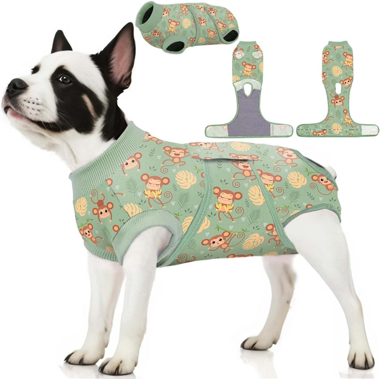 PetWarm Recovery Suit for Dogs Female Spay Surgery Alternative, Abdominal Wounds Bandages, Onesies for Dogs Monkey Pattern, Green, 2XL