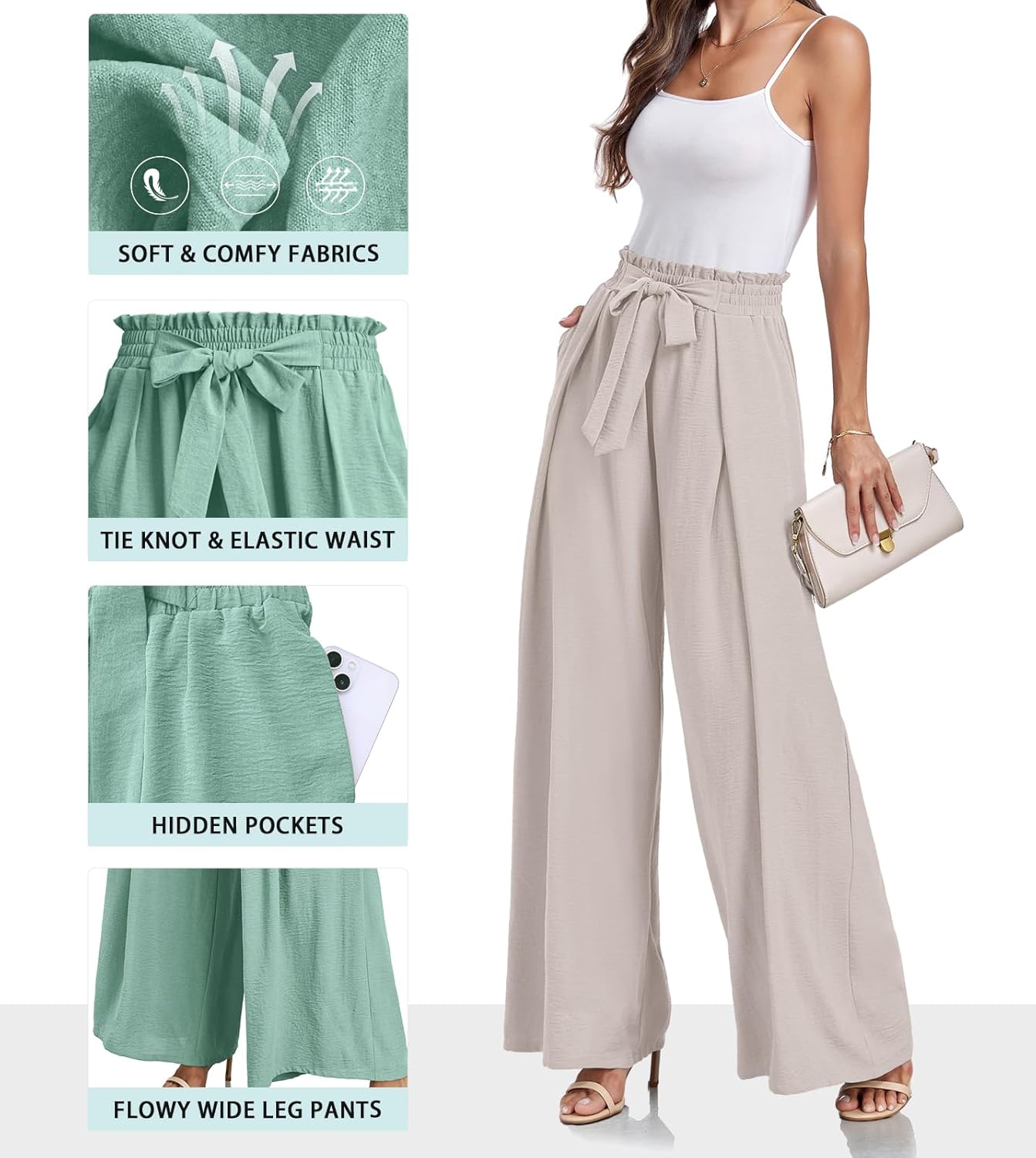 Lepunuo Wide Leg Pants for Women High Waisted Palazzo Pants Work Casual Flowy Tie Knot Trousers with Pockets - Image 3