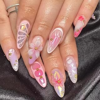 Press on Nails Krótkie, Migdałowe Airbrushing Różowe 3D Kwiaty Kwiatowe Motyl Złote Koraliki Design Migdał Y2k Sztuczne Paznokcie z Klejem do Paznokci, Różowe Kwiaty Lato INS Sweet Sztuczne