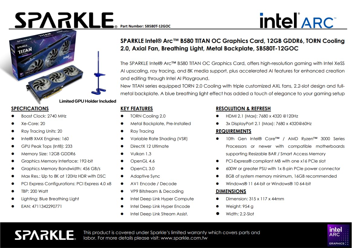 WEELIAO Scheda grafica Sparkle Intel Arc B580 Titan OC, scheda video OC GDDR6 da 12 GB, raffreddamento usurato 2.0, sfondo metallico, ventole assiali, luce respiratoria, SB580T-12GOC