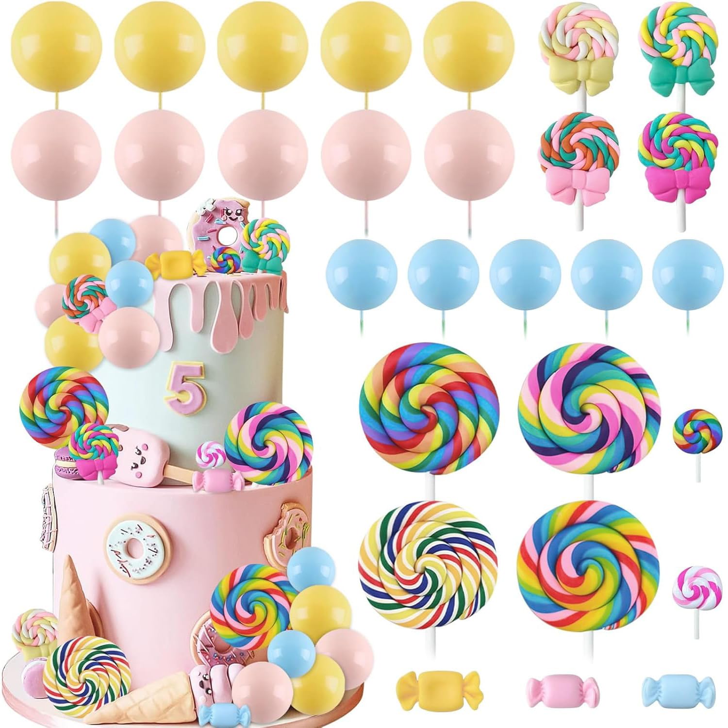 Toyhood 28pcs Candy Dessert Theme Cake Decorations, Colorful Ball Donut Lollipop Cake Topper, Sweet Party Birthday Decorations, for Wedding Baby Shower Holidays