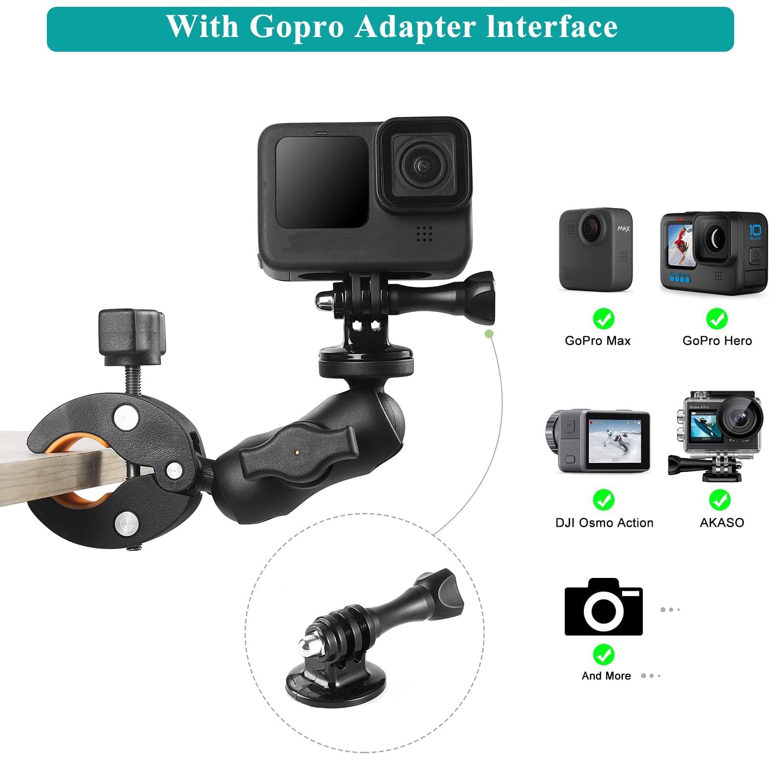 UNSTINCER 3 in 1 Supporto Action Camera per tubo 15-44mm, Super Morsetto 1/4"-20 Vite e adatta per Gopro, Attacco per DJI Insta360 ombrello treppiede bici moto manubrio,Doppia Staffa a Clip Porta