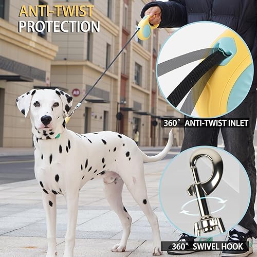 Miniatura 5 de JSXD Correa retráctil de 360° sin enredos para perro con freno con una sola mano, pausa, bloqueo, cinta de nailon resistente de 10 pies para