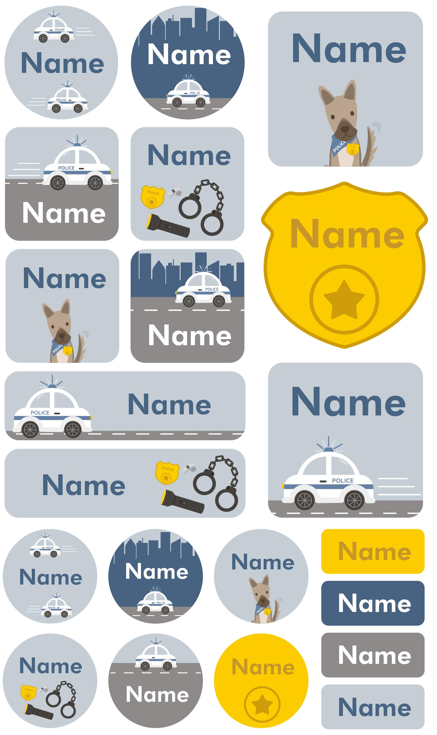 My Nametags® 21 Maxi Sticker Set to Label Big Items | No-Iron Waterproof Name Labels in Various Shapes & Sizes | Fun Large Stickers for School, Nursery & Kindergarten (281. Police Car)