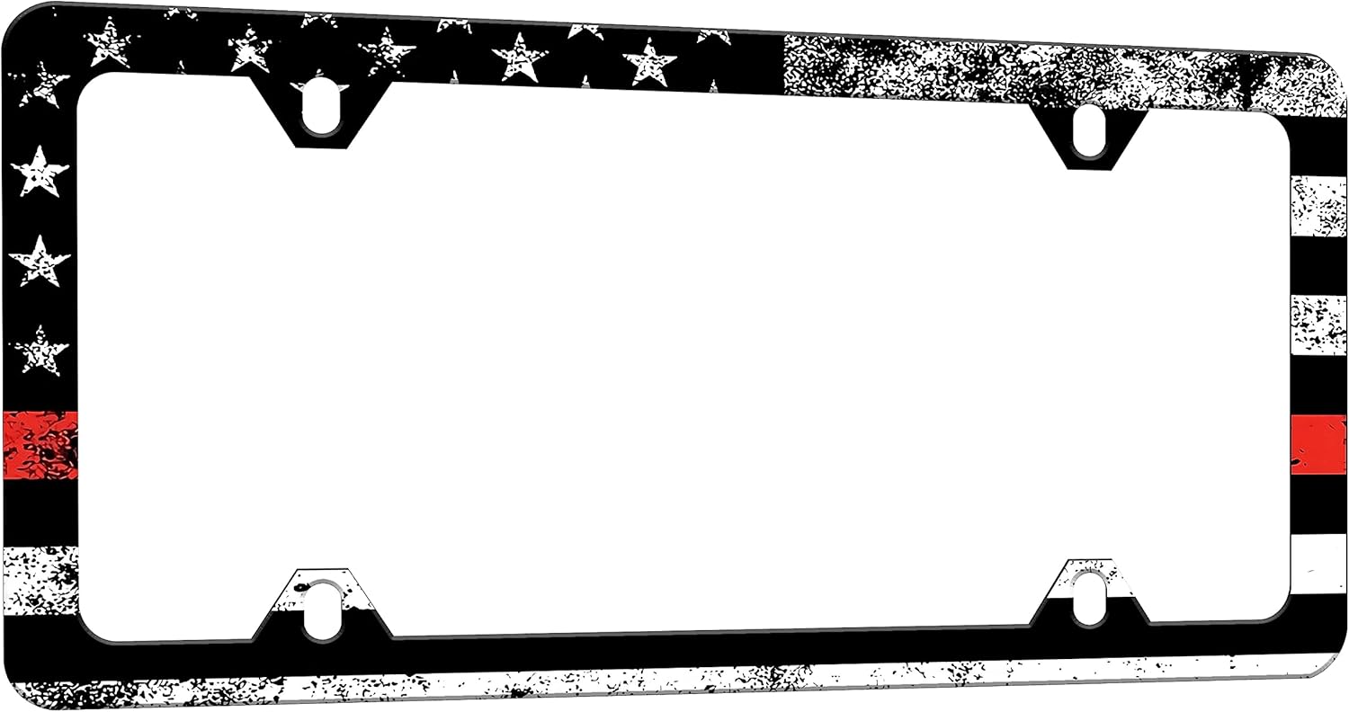 2 Pack Vintage American Flag Thin Red Line License Plate Frame Firefighters Funny License Plate Frames Auto Accessory Bracket Stainless Steel License Plate Holder with Screws for Women Men 6x12 Inch