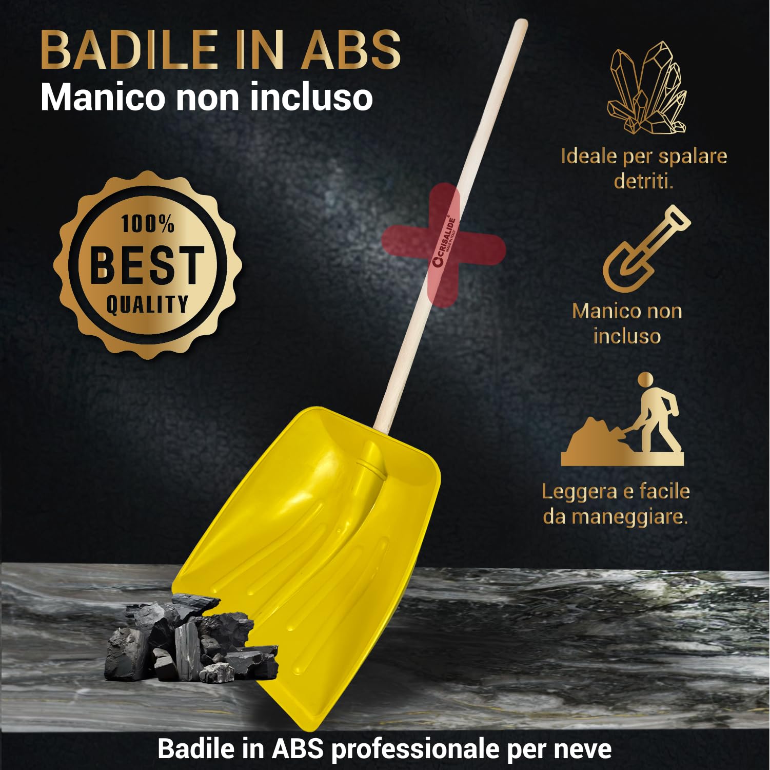 CRISALIDE® Badile in ABS Giallo – Pala Professionale Leggera e Resistente per Neve, Terra e Detriti – Materiale Antiurto – Ideale per Giardinaggio e Lavori Domestici – Manico non incluso