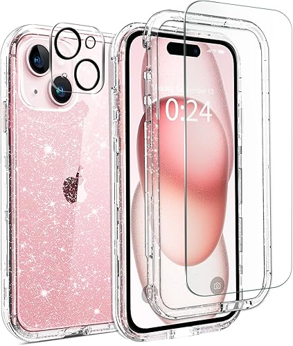 Coolwee Funda protectora híbrida de cuerpo completo 3 en 1 resistente para iPhone 15 con purpurina, 6.1 pulgadas, resistente, transparente, a prueba