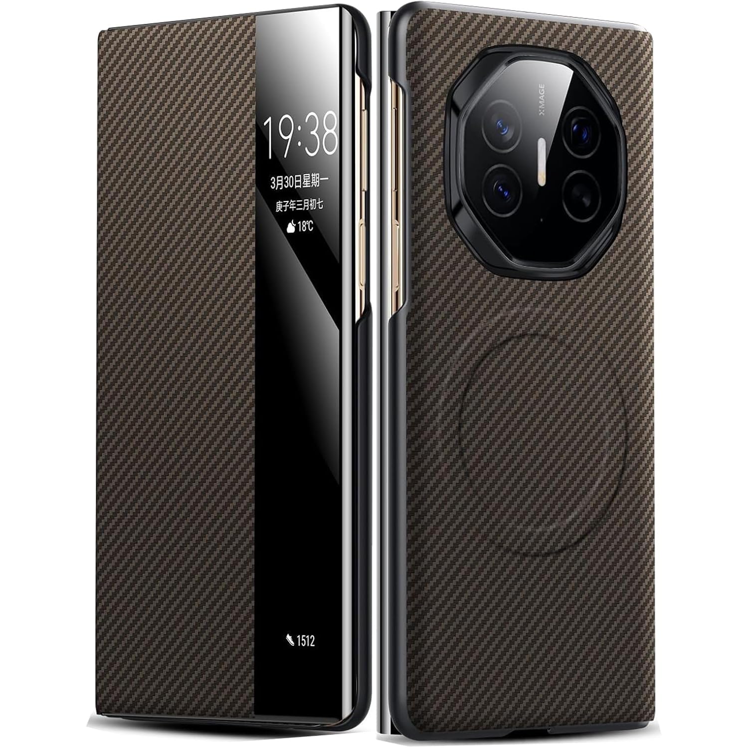 Etui na Huawei Mate XT, magnetyczne skórzane etui z teksturą włókna węglowego funkcja widoku okna z klapką uniwersalna obudowa ochronna, brązowe