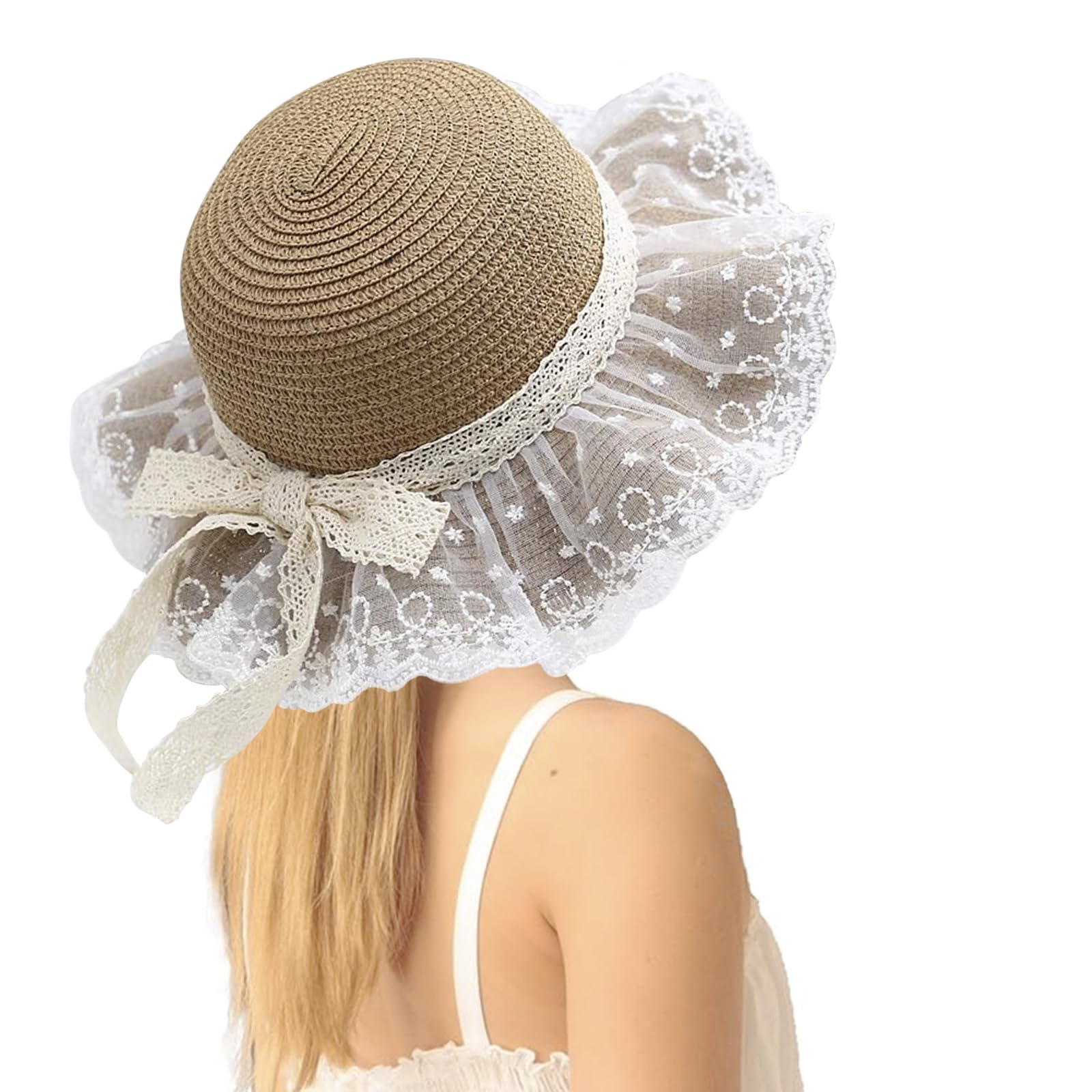 OhMill Chapeau de Paille Enfant Chapeau de Soleil avec Dentelle Capeline Fille Chapeau de Plage Chapeau d'Été à Large Bord Anti-Solaire Respirant pour Enfants 2 à 6 Ans