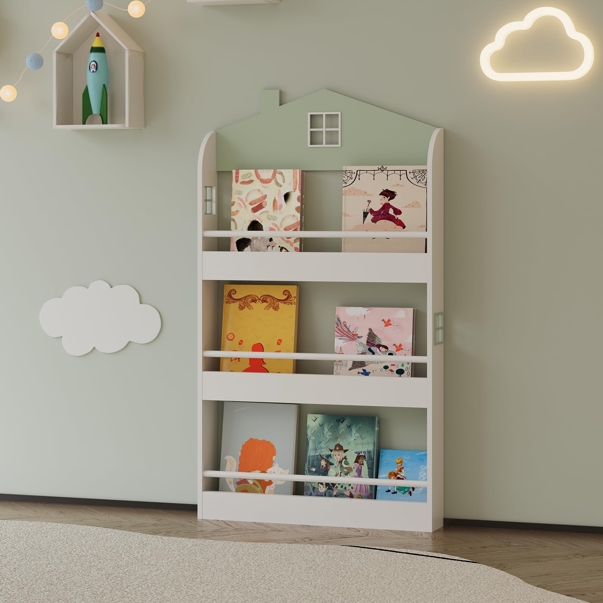 [en.casa] Libreria Frontale per Bambini Scaffale per Cameretta Design a Casetta con Barre Anticaduta Montaggio a Parete o a Terra 106x60x12 cm Menta Verde/Bianco