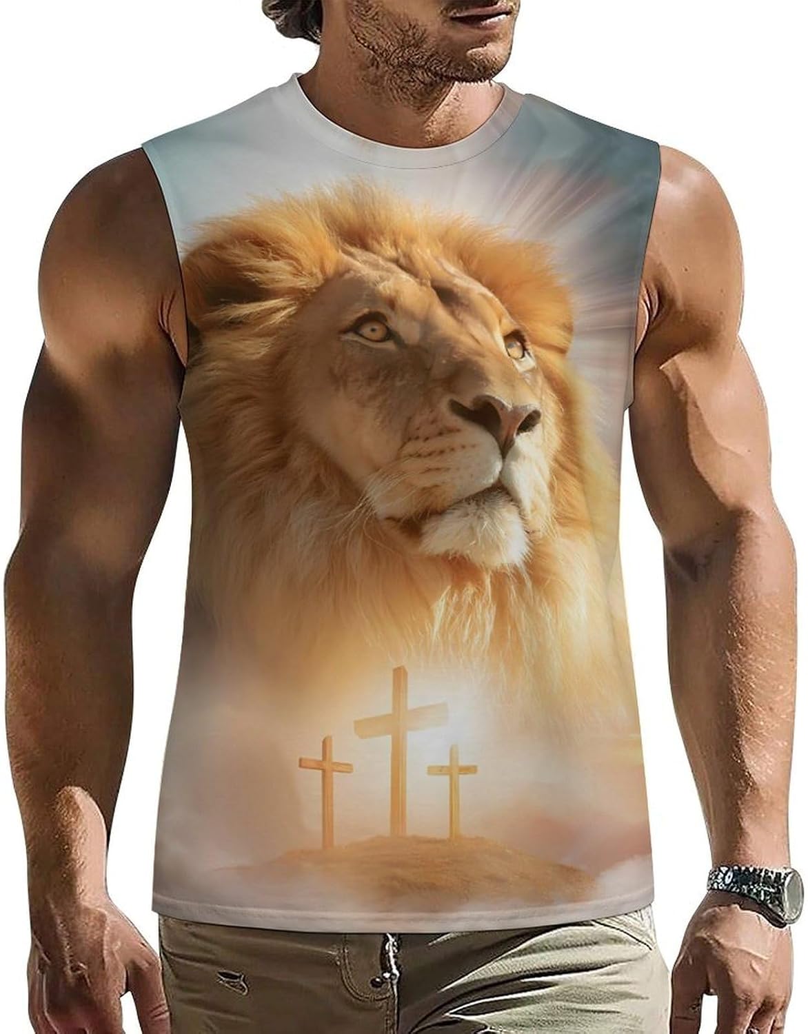 Lion of Judah and Three Crosses Men Summer Sleeveless Crew Neck Top 5XL