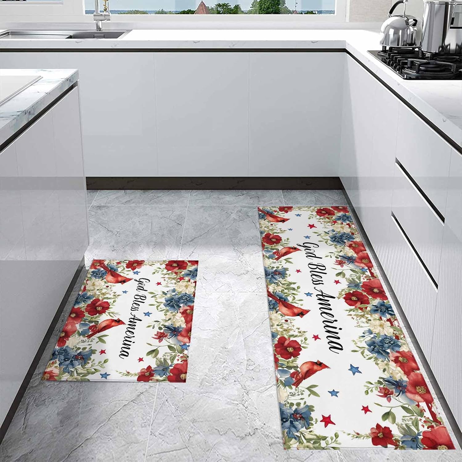 Kitchen Mats for Floor Independence Day Blossom Floral Washable Non Slip Kitchen Rugs 2PCS, July 4th Cardinal Absorbent Standing Mats for Sink Bathroom Office Living Room 15.7x23.6in+15.7x47.2in