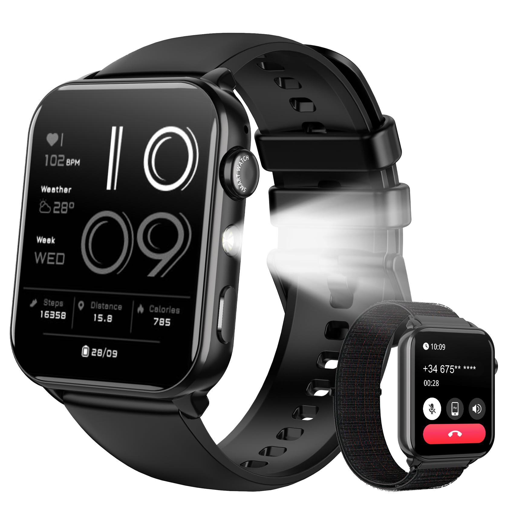 Baolubao Smartwatch Uomo Donna, 1.91" Orologio Smartwatch con LED Torcia, Effettua/Risposta Chiamate, Fitness Tracker con DIY Quadranti, Contapassi,Sonno, Smart Watch per Android iOS(2 Cinturini)