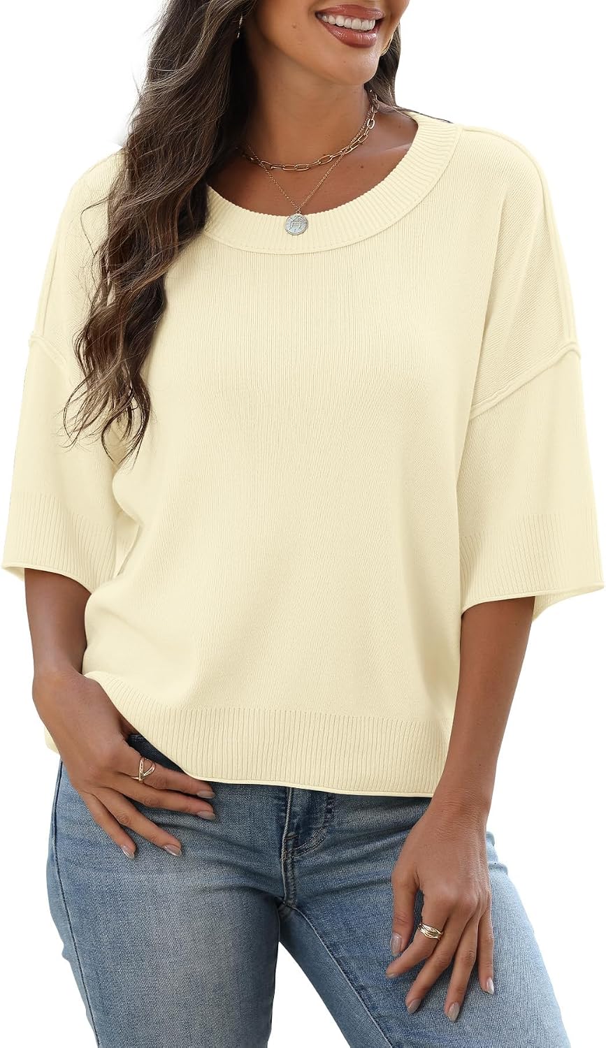 YSYOKOW Summer Sweaters for Women Lightweight Knit Short Sleeve Pullover Tops Casual Oversized Crewneck Sweater