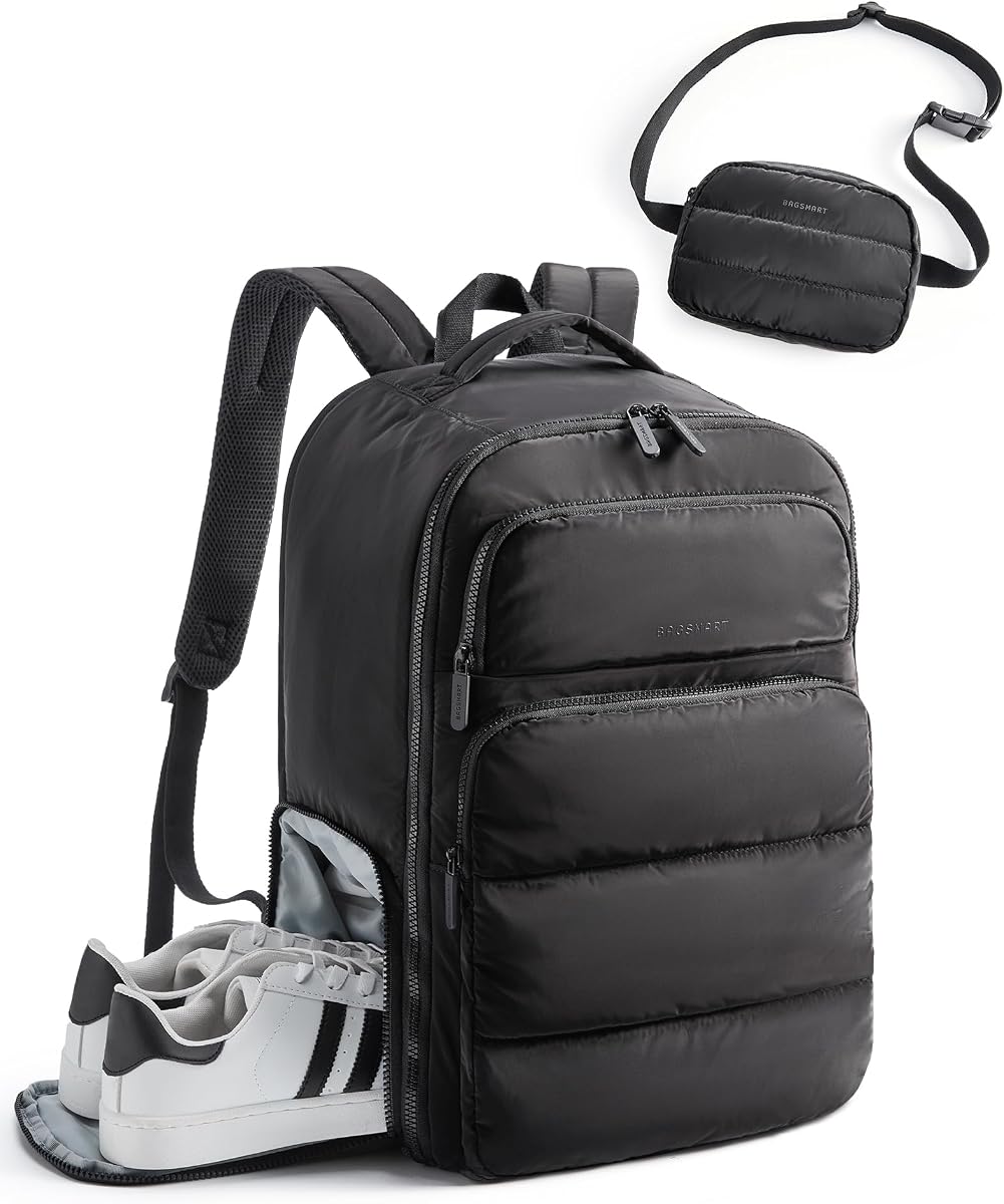 BAGSMART 35L Travel Backpack for Women, 17.3" Carry-On Personal Item | Flight Approved, 180° Opening, Wet/Dry Pocket, Free Crossbody Bag, Shoe Compartment, Luggage Sleeve, Water Resistant