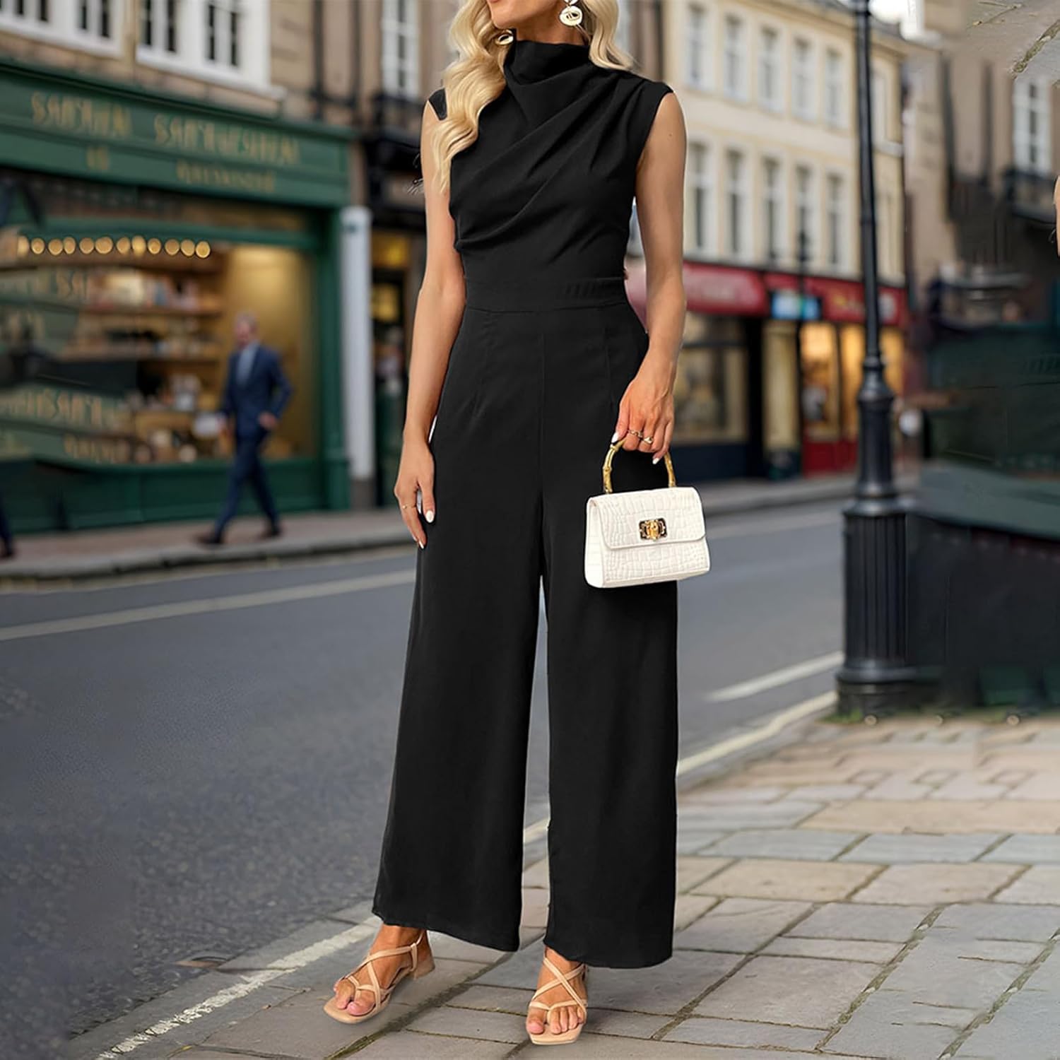 Dressy Jumpsuits for Women Casual Boho Sleeveless Mock Neck Wide Leg Pants Rompers Fitted Maxi Romper - Image 3
