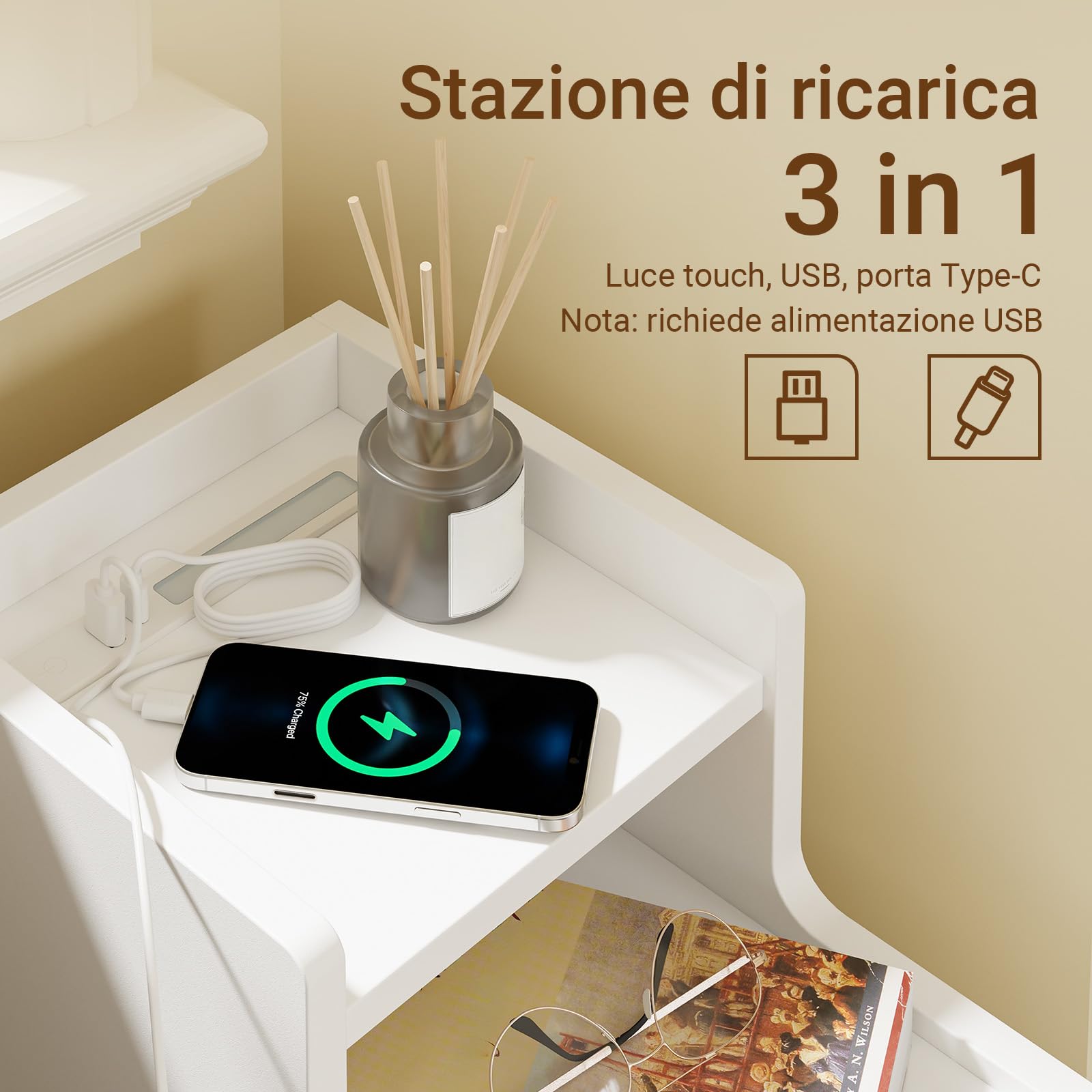 SoBuy comodino stretto con ricarica e Lampada LED touch, 22x34x60.5cm | 22cm Tavolino salotto con USB & Type-C, barra LED dimmerabile USB cavo 1,8 m, battiscopa e antiribaltamento, FBT178-E-WN