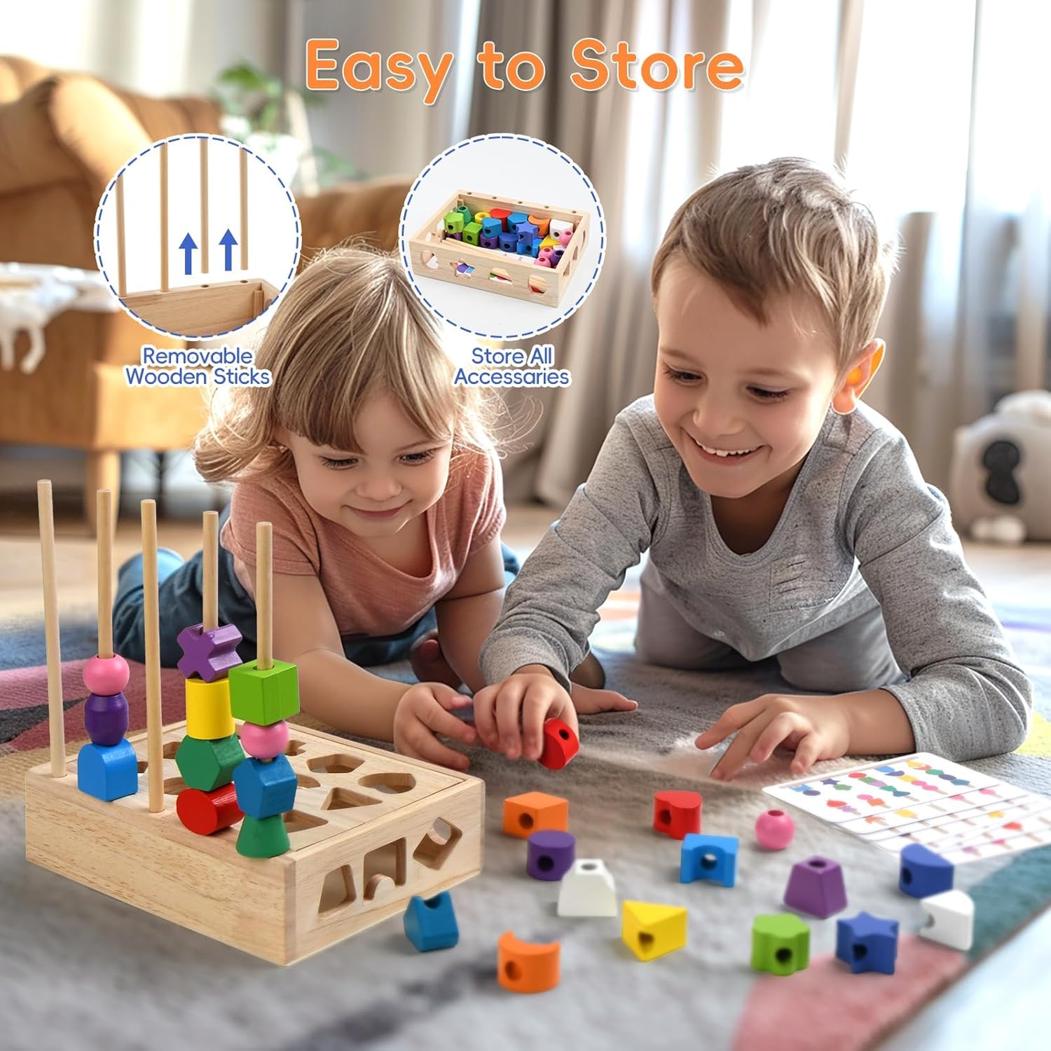 3 in 1 Wooden Color Sorting Stacking Toys, Montessori Toys Geometric Shape Sorter Matching Lacing Beads Sequencing Toy Set Preschool Learning Fine Motor Skills for Toddlers 3 4 5 Years