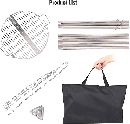 Miniatura 7 de Lineslife Parrilla de trípode de fogata para cocinar, parrilla de trípode de acero inoxidable duradera con rejilla redonda y bolsa de transporte