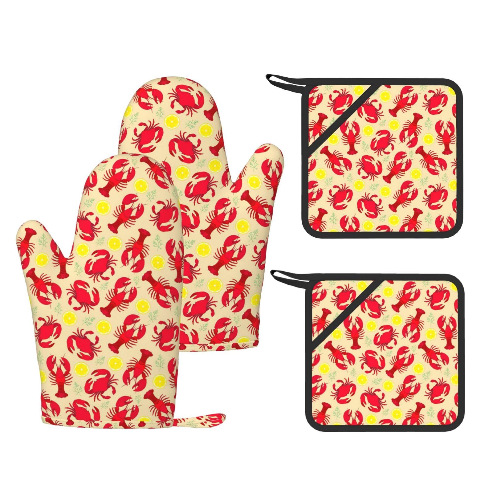Lobster and Crab Fashion Printed Kitchen Kit with Heat Resistant Oven Mitts & Non-Slip Hot Pads for Baking