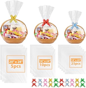 90PCS Shrink Wrap Bags for Christmas Gift Basket 20x28 16x24 14x20in 3 Sizes Cellophane Bags with 5Color Pull Bows Large Clear Plastic Heat Shrink Bag for Halloween Easter Valentines Day Mothers Day