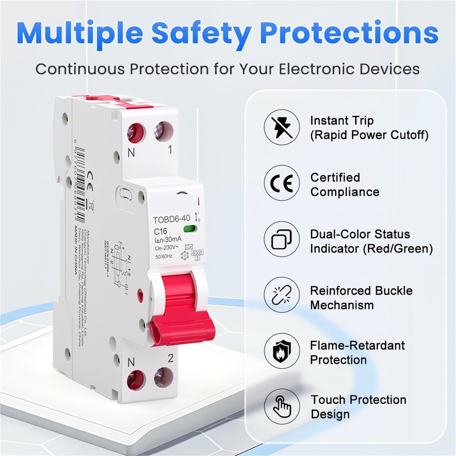 Wyłącznik różnicowy typu A 1P+N DPN 6KA 30mA, krzywa, 18mm, zabezpieczenie nadprądowe i wyciekowe 16A 40A(B16A)