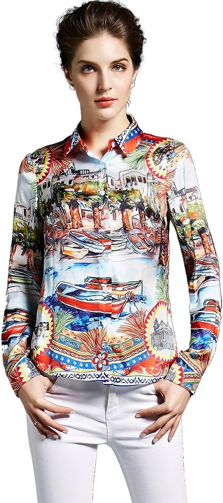Casual Turn-down Collar Landscape Print Women Blouse