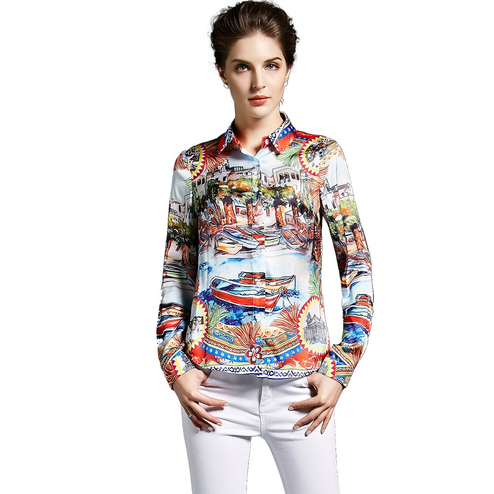 Casual Turn-down Collar Landscape Print Women Blouse