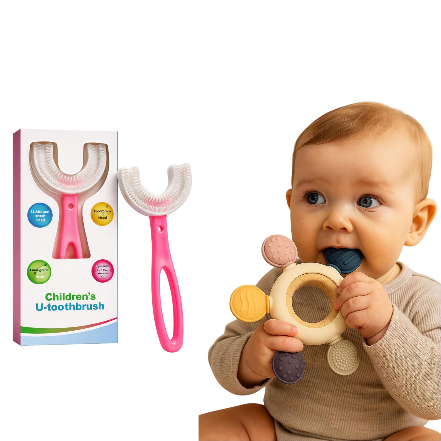 Silicone & Wooden Baby Teether for 3+ Months | BPA Free Soft Teething Toy | Safe Teether for Infants | Round Shape | Color - Beige (U Brush +Teether 1)-image-1