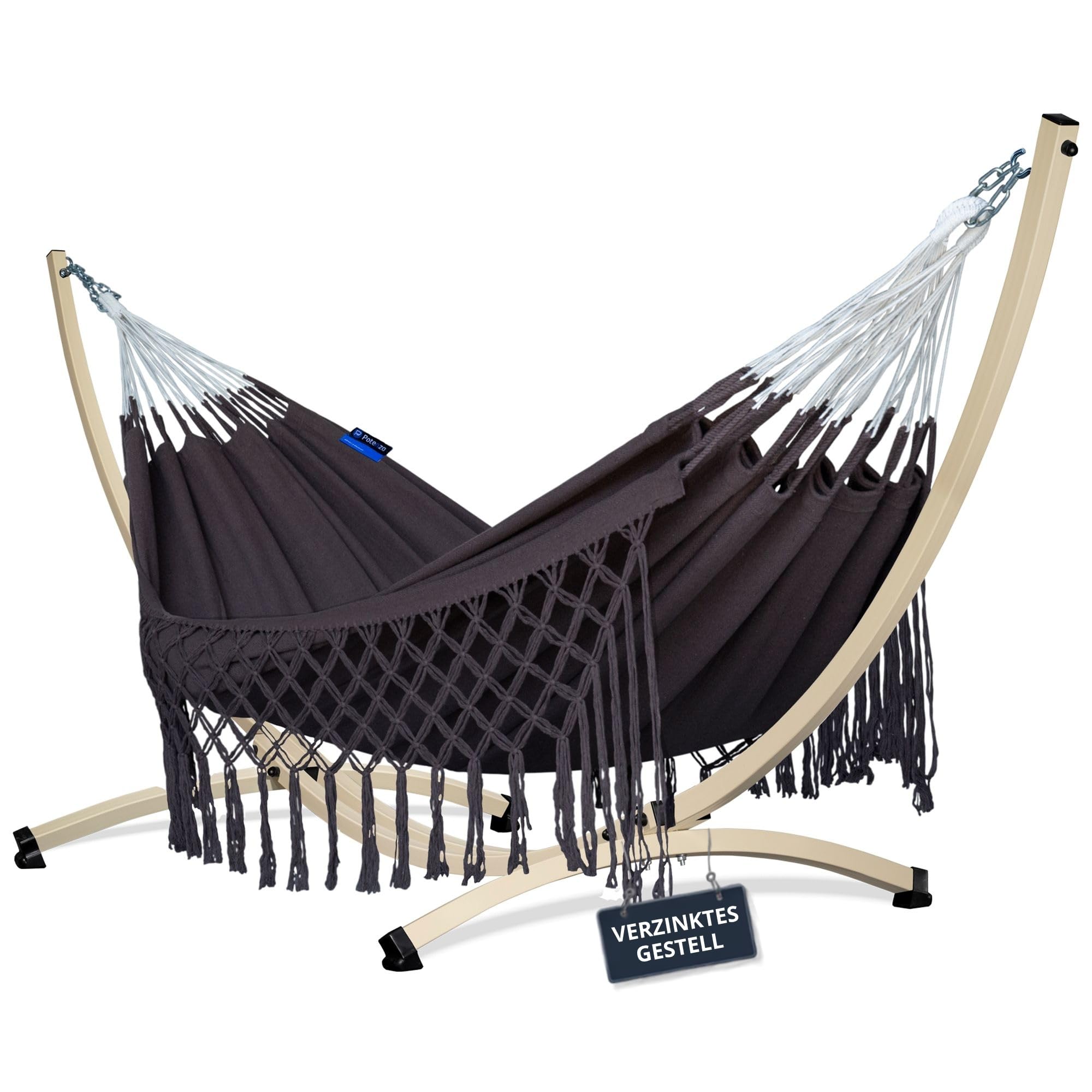 Potenza Medelin Boho - Hamaca para exteriores con estructura galvanizada para 2 personas, 100% algodón, hamaca doble, 230 x 160, 200 kg, estructura de hamaca de 220 kg, resistente a la intemperie