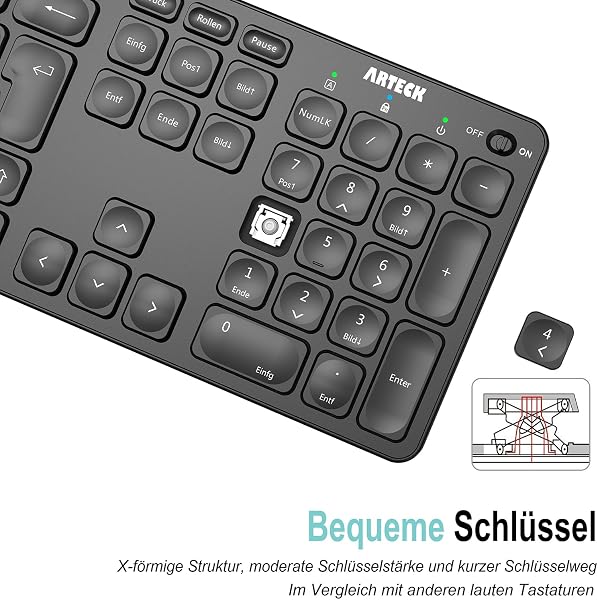 Arteck Wireless Keyboard, German QWERTZ Layout Rechargeable USB Port 2.4 GHz Wireless Keyboard with Multimedia Keys, Compatible with PC, Computer, Notebook, Laptop, Windows 11, 10, 8 - 2