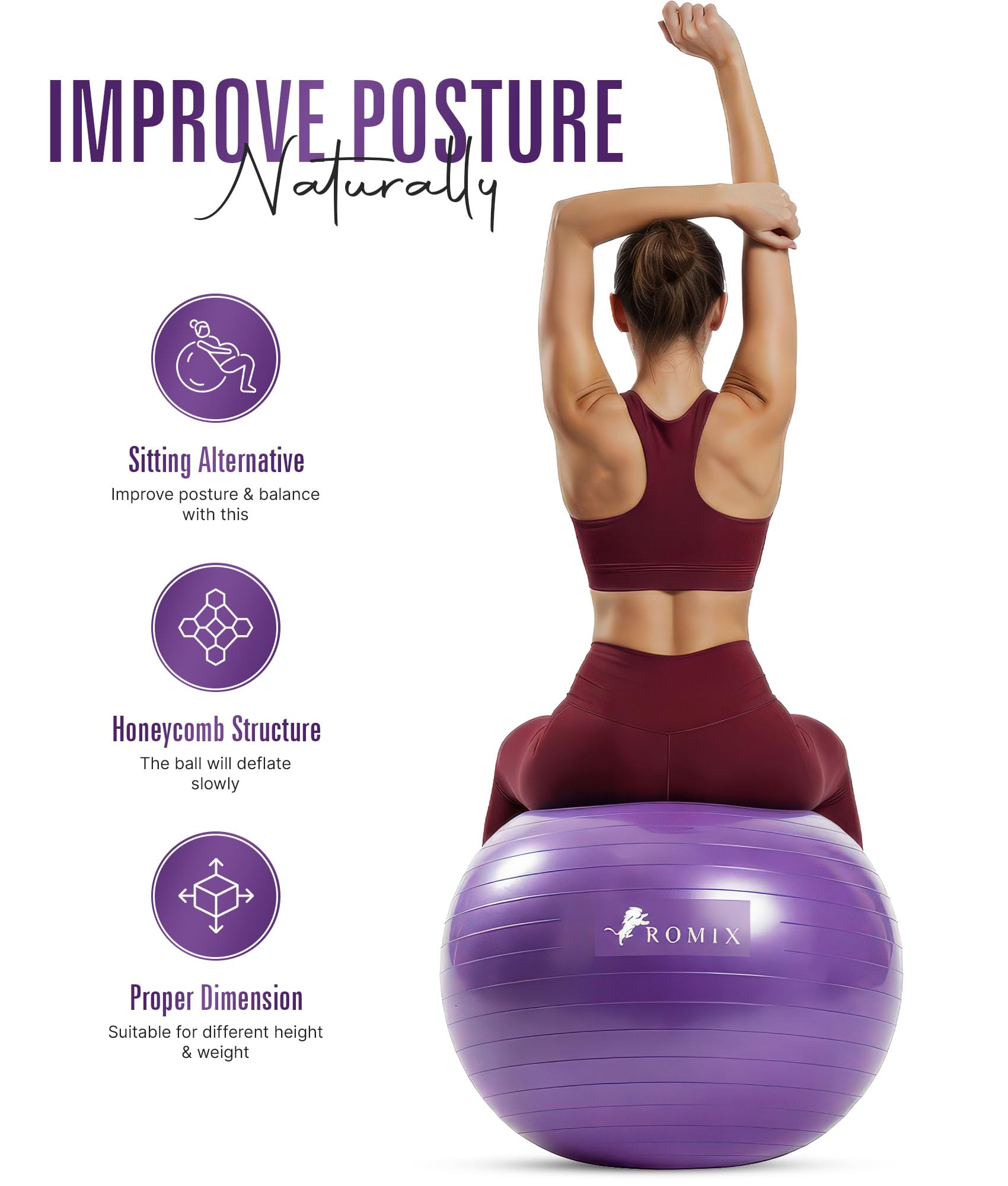 ROMIX Ballon Fitness, 65cm Grande Anti Éclatement Balle Gymnastique avec Pompe Rapide, Anti Dérapant Epais Ball d’Exercices pour Grossesse Yoga Pilates Équilibre Stabilité Gym Bureau Sport