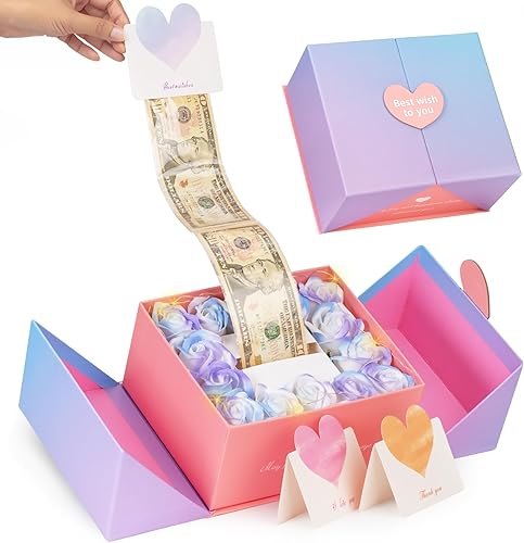 Caja de dinero para regalo en efectivo, caja de regalo extraíble de lujo con degradado azul y morado, caja de dinero sorpresa única