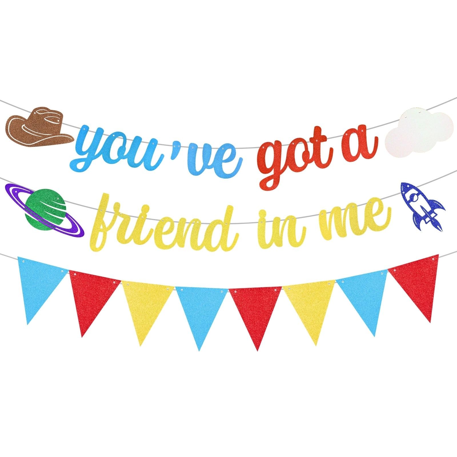 You've Got A Friend in Me Banner Toy Inspired Story Birthday Party Decorations With Yellow Blue Red Glitter Triangle Pennant Flag Streamers Photo Prop