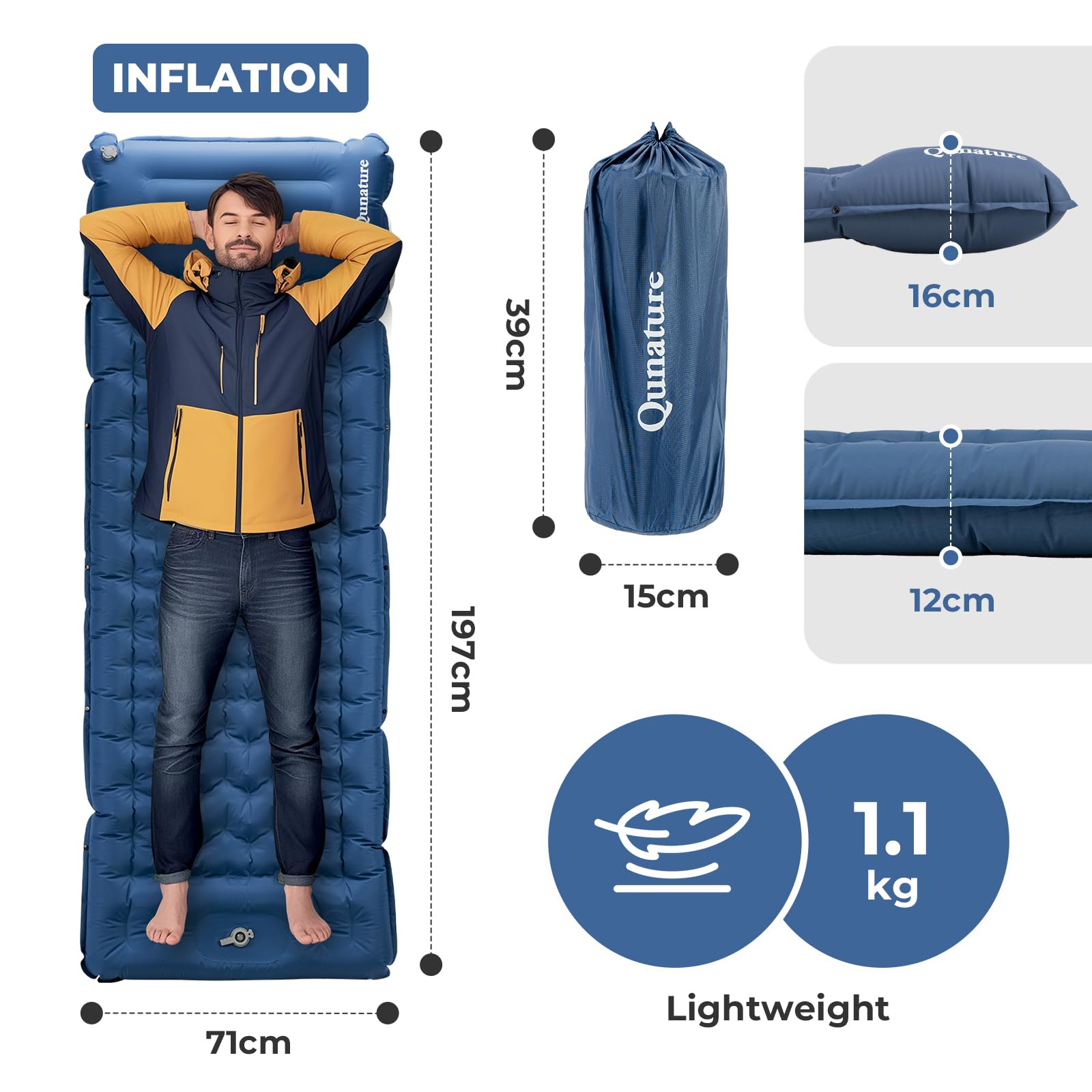 Colchoneta Ultraligera para Camping, Esterilla Hinchable Individual 12 cm con Almohada y Bomba de Pie, Colchón Inflable para Dormir en Viajes y Actividades al Aire Libre, Azul