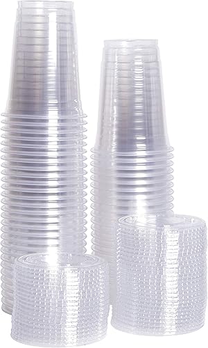 Vista 6 de GUSTO Vasos de plástico transparente con tapas planas [10 onzas – 100 unidades] – Tazas desechables para café helado con tapas – Vasos fríos de 10