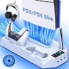 ZRZLMVP PS5/Slim Cooling Stand with Controller Charging Station for Playstation 5 Slim&Standard Disc/Digital Console, Stand Accessories for PS5 Slim Incl. Cooling Fan/Headset Holder/3 USB Hubs, White