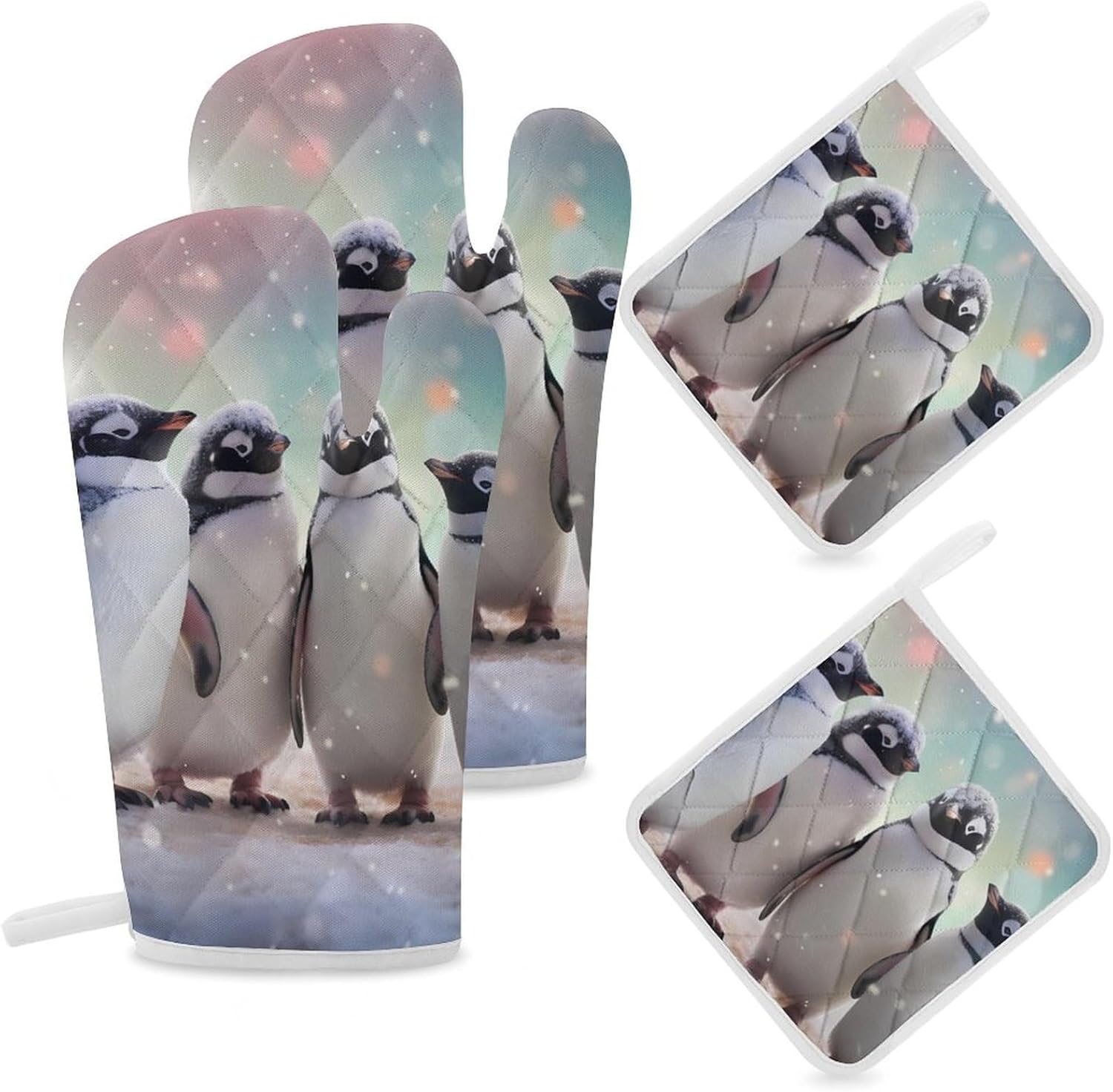 Penguin Birds 4 Pcs Oven Mitts and Pot Holders Set High Heat Resistant Long Kitchen Oven Glove Potholders