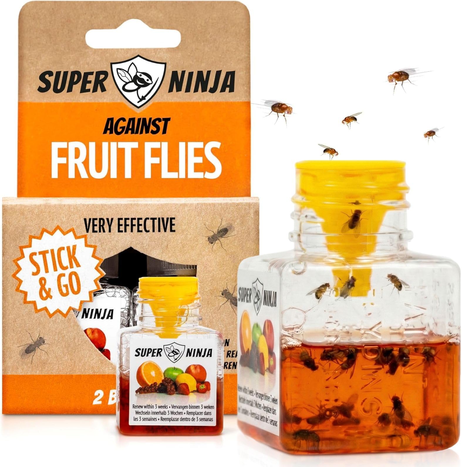 Super Ninja Fruit Fly Trap - 2 pack, Highly Effective Fruit Fly Killer for Home & Kitchen, Up to 3 Weeks of Performance per Bottle, Child & Pet Friendly