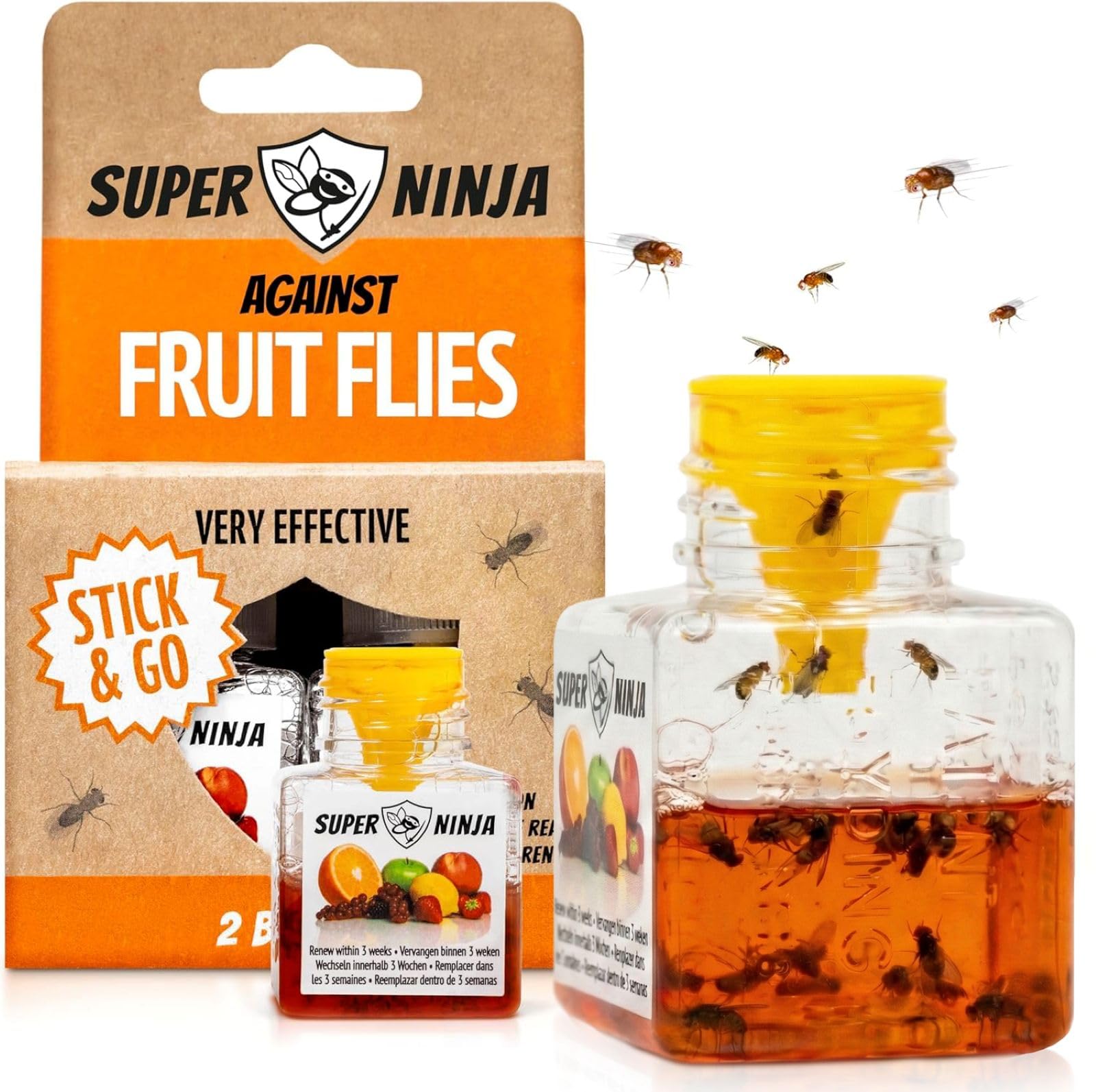 Super Ninja Fruit Fly Trap - 2 pack Highly Effective Fruit Fly Killer for Home & Kitchen Up to 3 Weeks of Performance per Bottle Child & Pet Friendly
