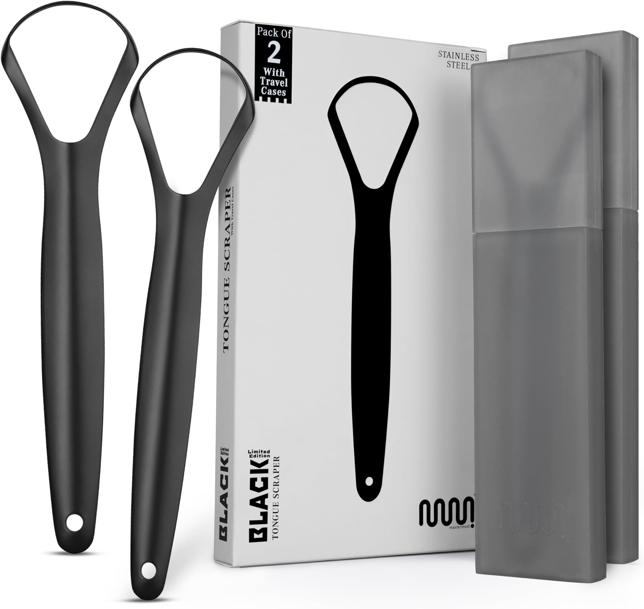 MasterMedi Black Tongue Scraper with Cases (Spoon Shape, 2 Pack), Tongue Scrubber for Bad Breath Treatment, Easy to Use Tongue Scraper for Adults, Tongue Cleaner for Oral Care