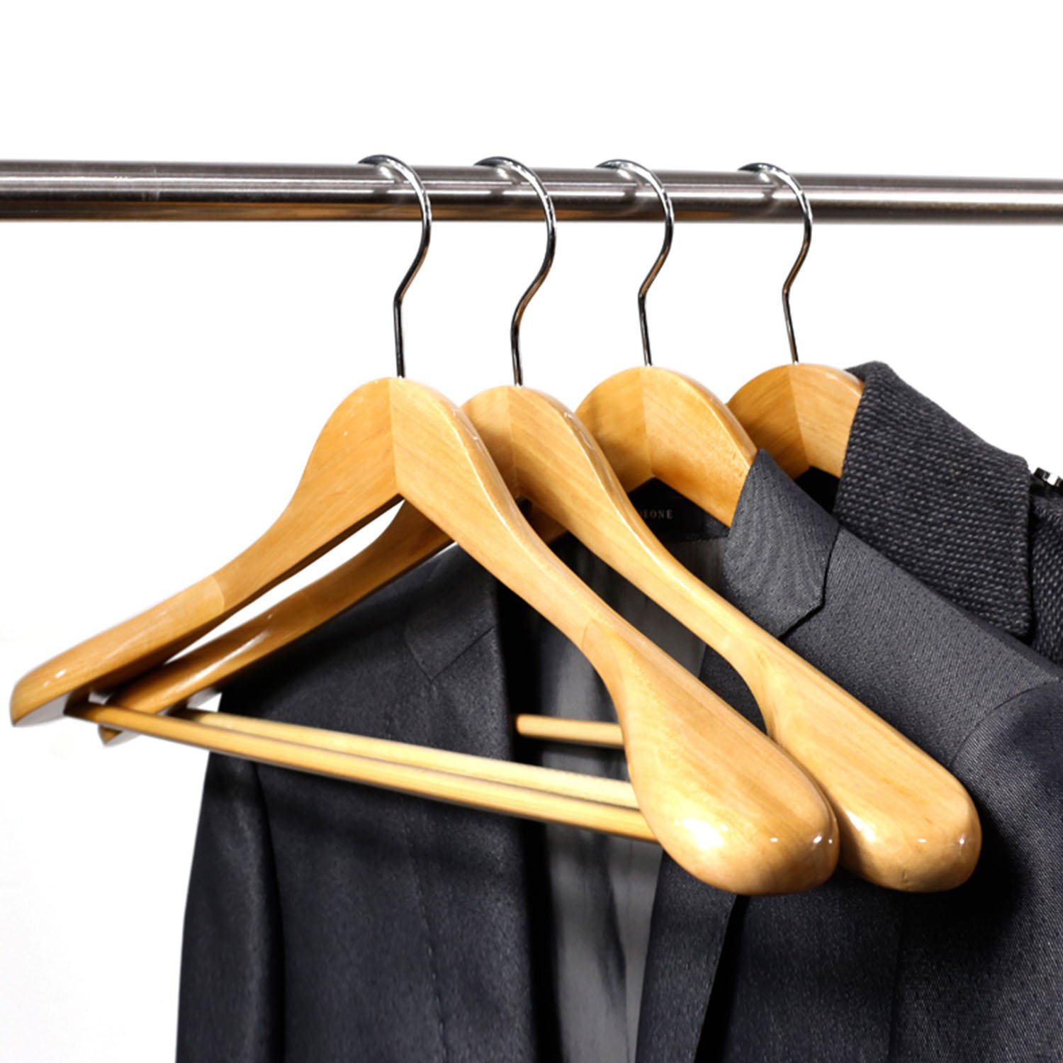 6 Perchas de Madera Con Barra de Pantalones Antideslizante - Naturaleza Perchas Para Abrigos, Trajes (Hombros Extra Anchos)