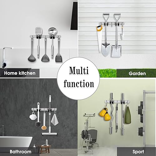 Miniatura 29 de 3 estantes y 4 ganchos soporte para escobas y trapeador montado en la pared, organizador de garaje, estantes de herramientas de almacenamiento
