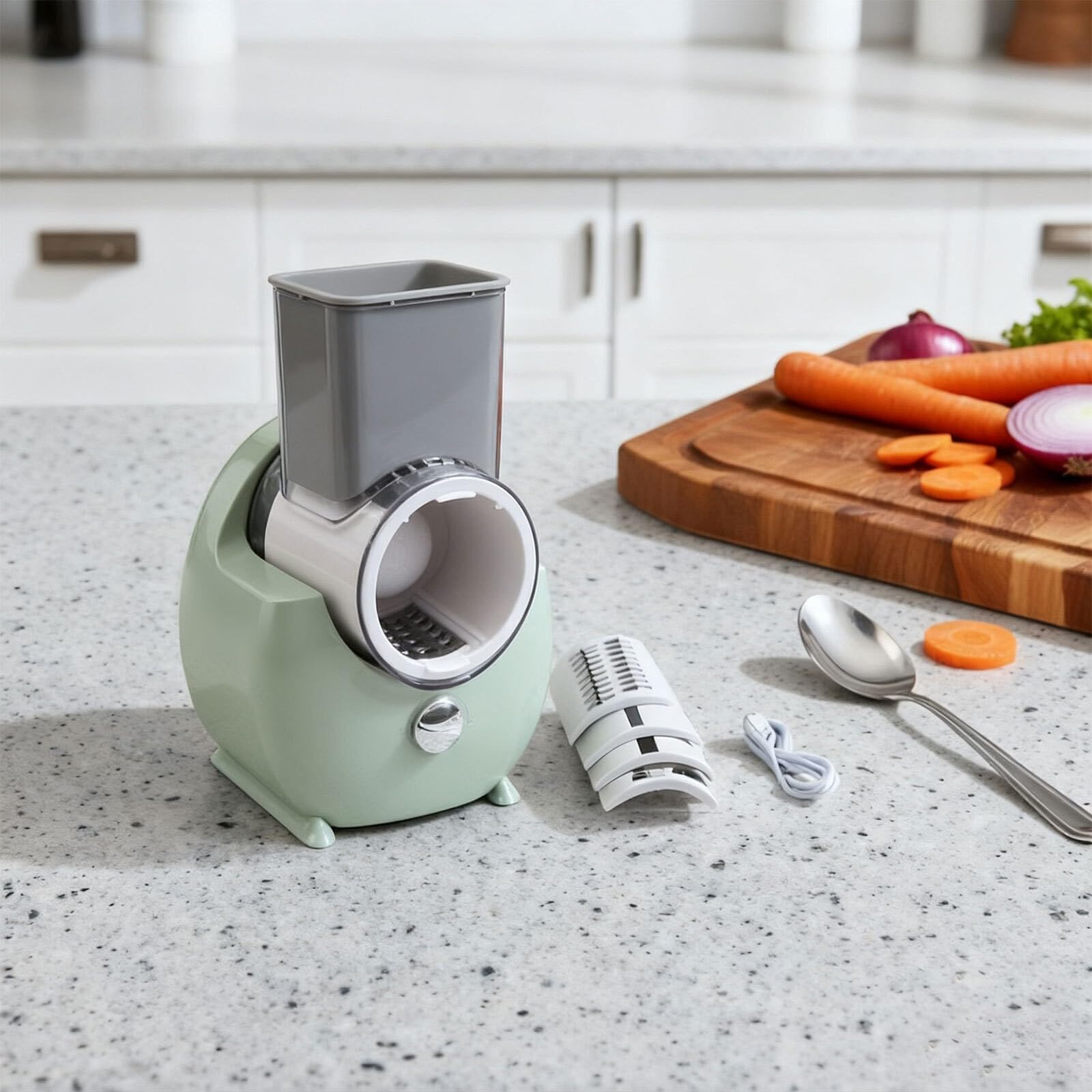 Affettatrice elettrica rotante 3 in 1 con tritatutto automatico e grattugia triturata, strumento da cucina compatto con un solo pulsante per affettare e grattugiare frutta, verdura e formaggio senza