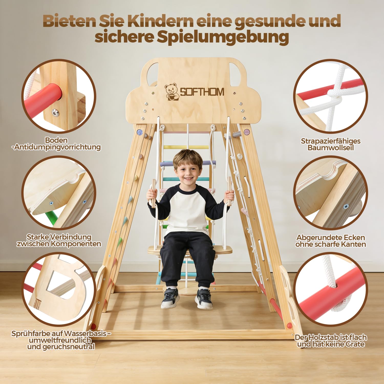 Maxi Estructura de Escalada para Niños, 10 en 1 Montessori Estructura de Escalada, Multifuncional Set de Escalada de Madera, Monopatín, Balancearse, Muro de Escalada, Red de Escalada, Natur