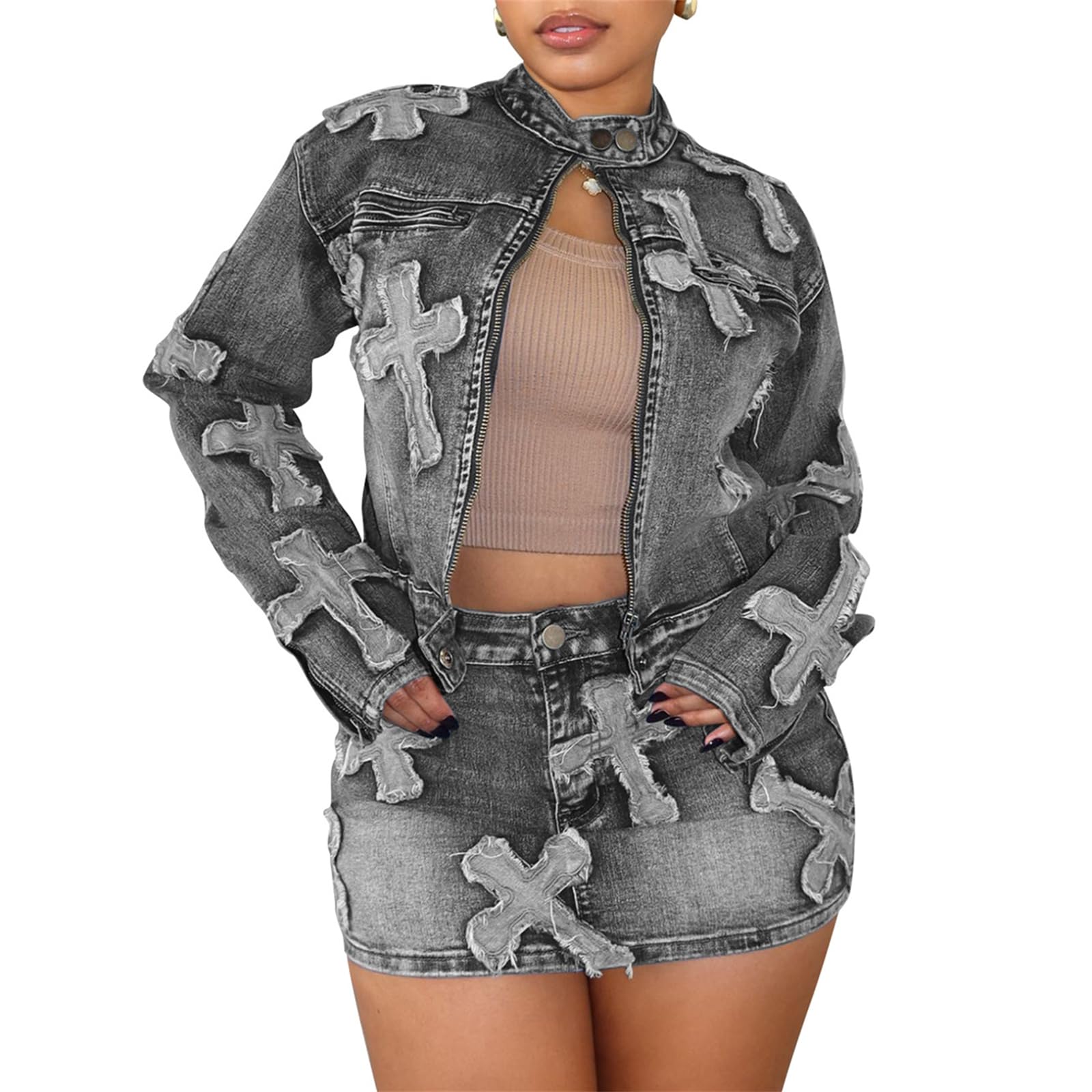 Elainone Conjunto de falda vaquera de 2 piezas para mujer, chaqueta con cremallera y minifalda con bolsillos