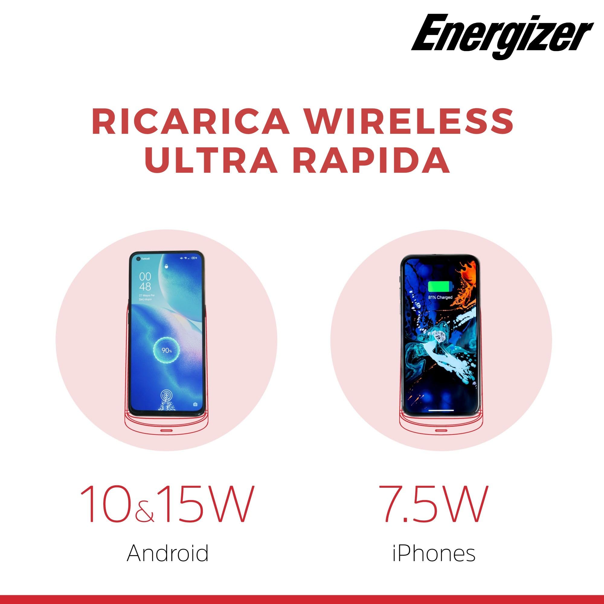 Energizer Caricatore Wireless 15W da Tavolo | Ricarica Rapida Verticale e Orizzontale, Compatibile MagSafe Iphone e Android, Stand Qi con Doppia Bobina, USB-C, compatibile con Custodie | WCP108