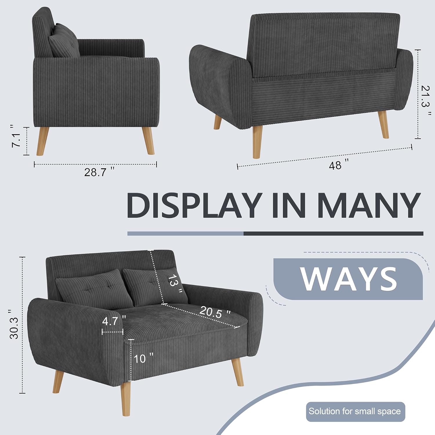 Shintenchi 48'' Loveseat Sofa, Mid-Century Modern Upholstered Couch Deep Seat with 2 Pillows, 10" Thick Cushion with Spring, Solid Wood Frame Small Couch for Living Room, Dorms & Office, Dark Grey