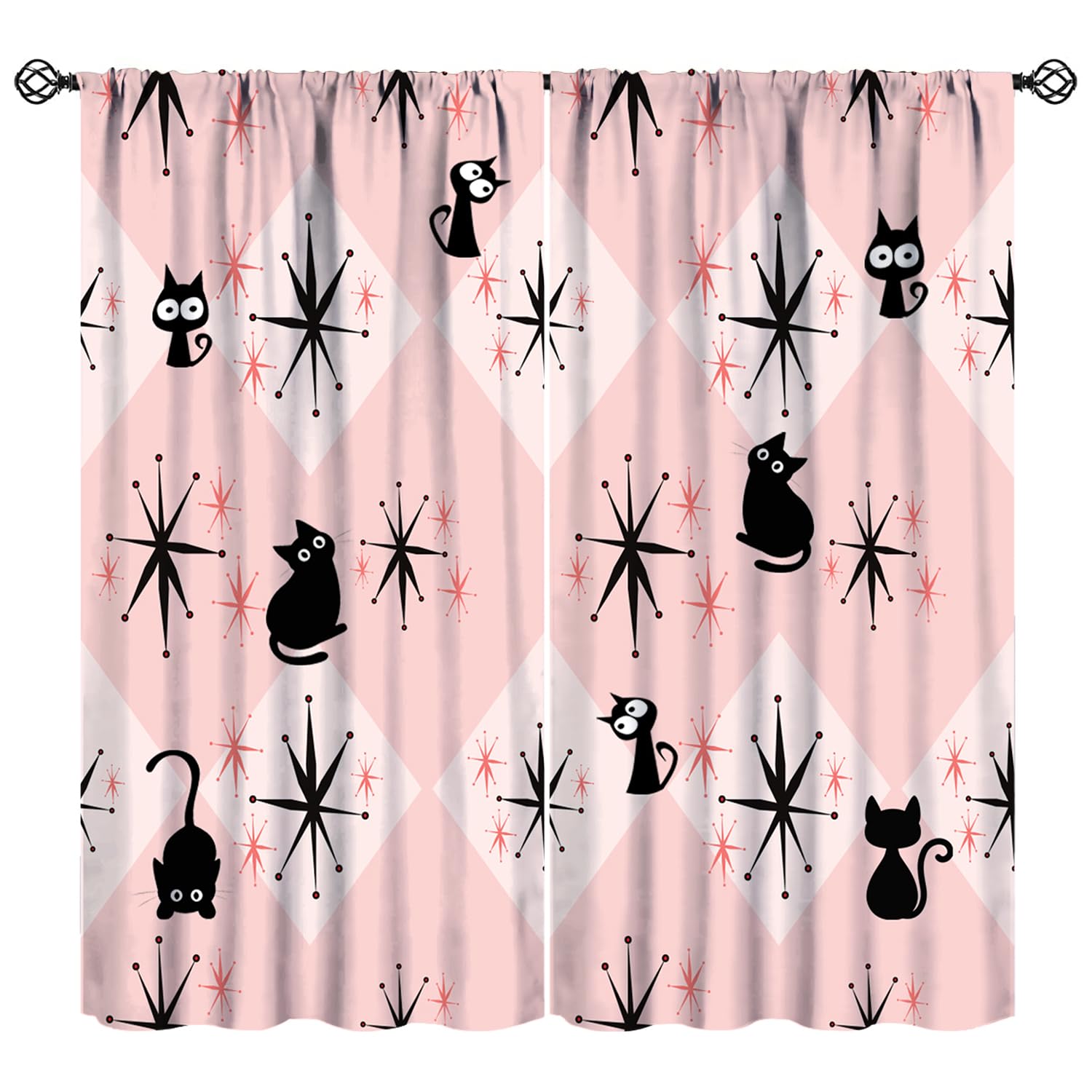 JESTRONRY Mid Century Black Cat Curtains,Pink Atomic Abstract Vintage Boho Geometric 1950s 60s Style Home Decor Blackout Window Door Curtains for