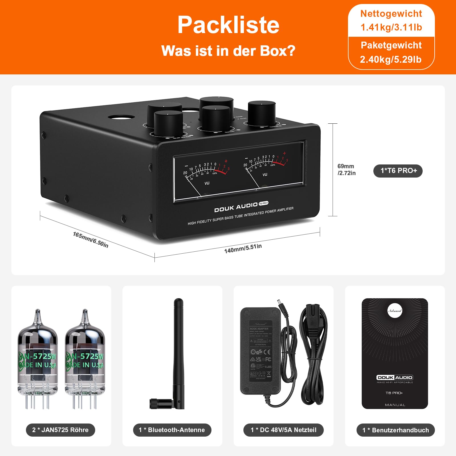 Douk Audio T6 PRO Bluetooth Röhrenverstärker: 300W x2 TPA3255 2-Kanal Stereo Verstärker – Dual-VU-Meter & Super Bass – für Heimkino- und HiFi-Systeme (Schwarz)